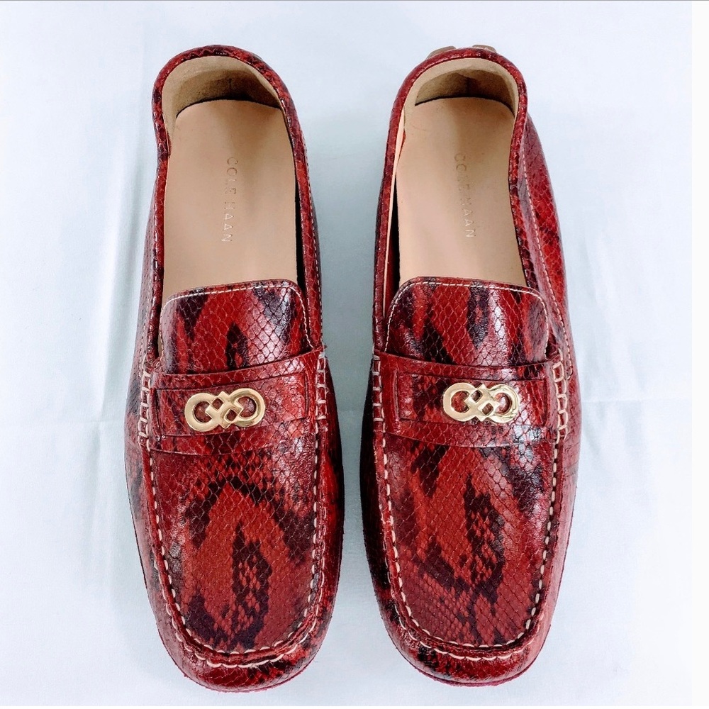 Cole Haan Shoes Shelby Driving Moccasin Red Leather Snakeprint Gold Logo